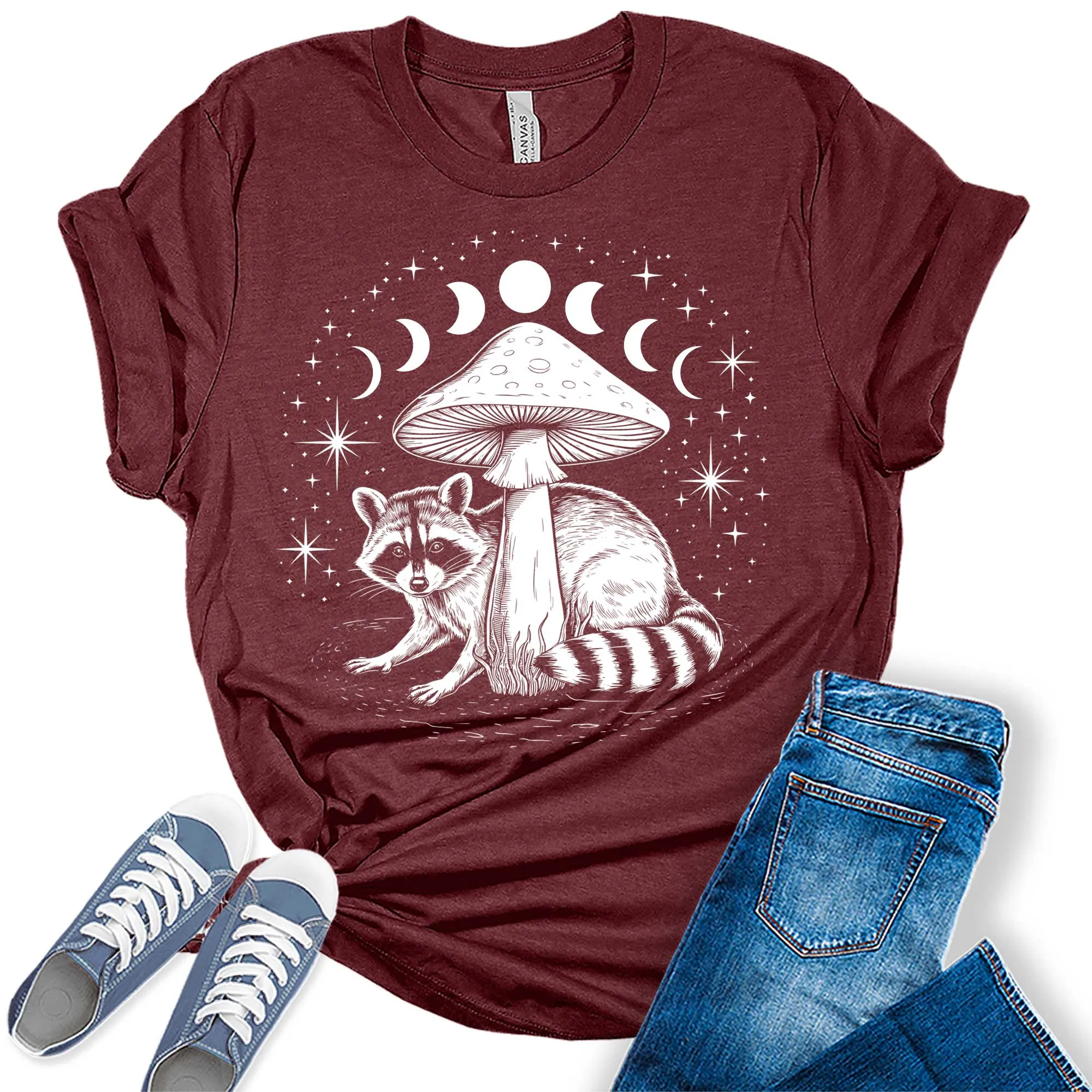 Women's Fall Raccoon Mushroom Moon Phases Trendy Graphic Tees