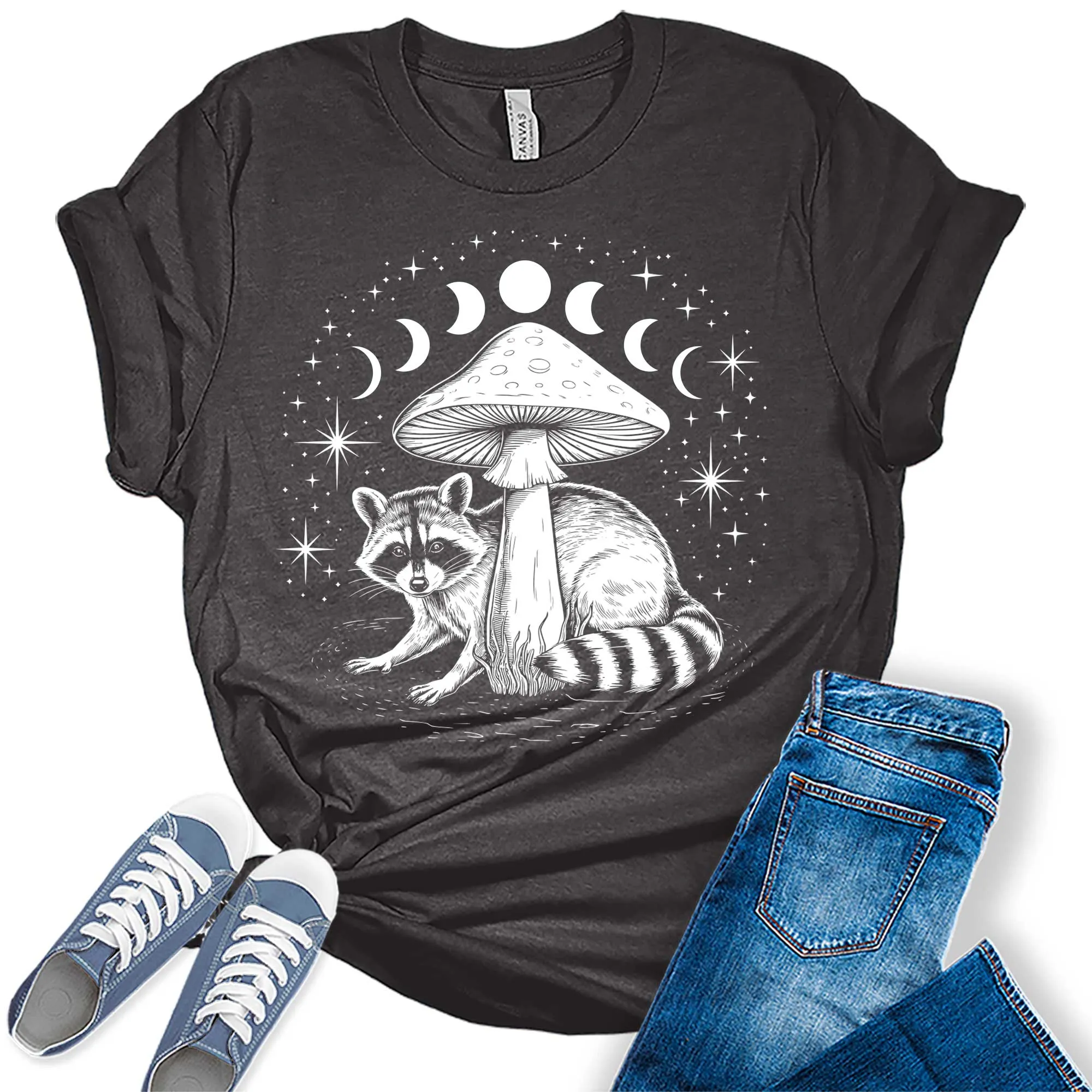 Women's Fall Raccoon Mushroom Moon Phases Trendy Graphic Tees