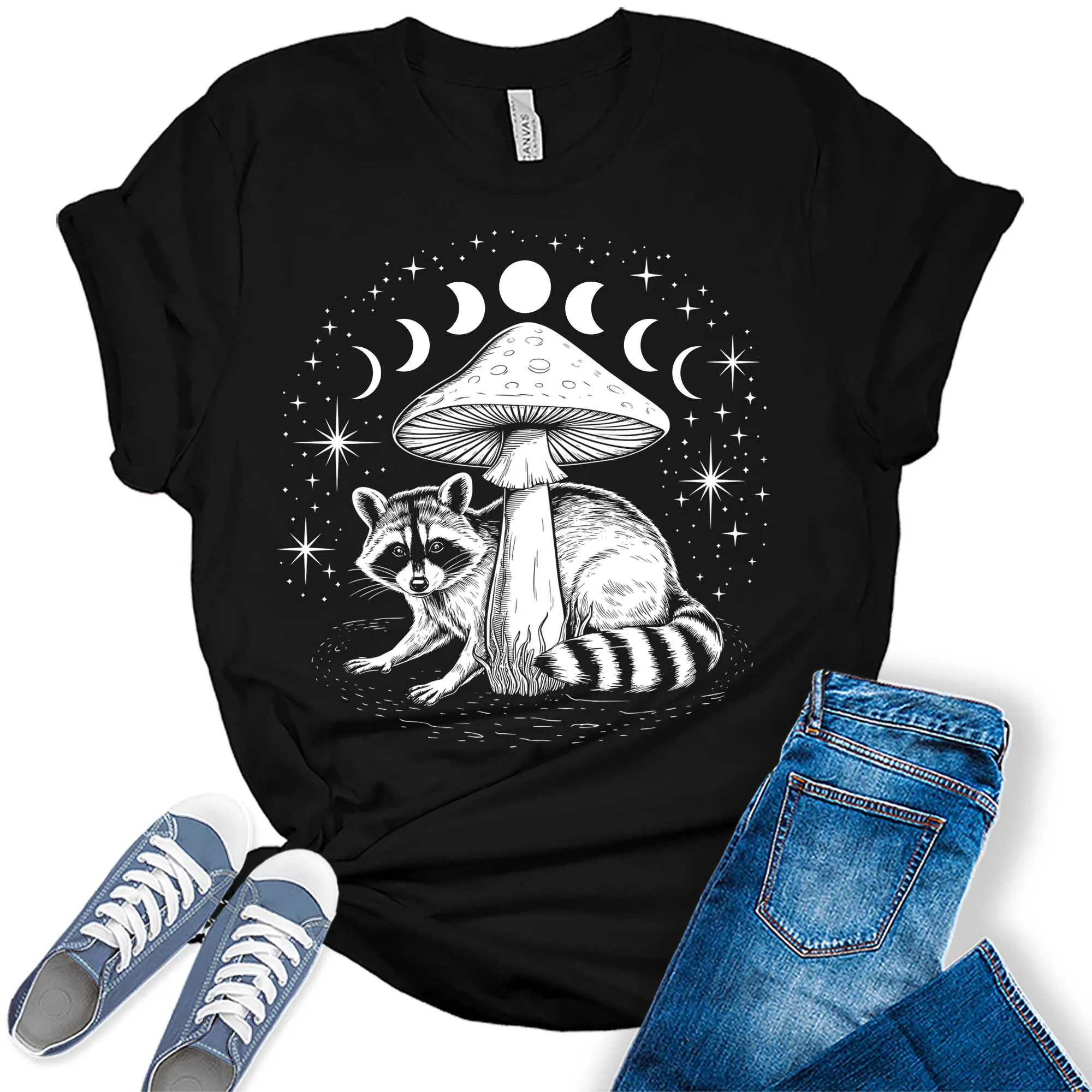 Women's Fall Raccoon Mushroom Moon Phases Trendy Graphic Tees