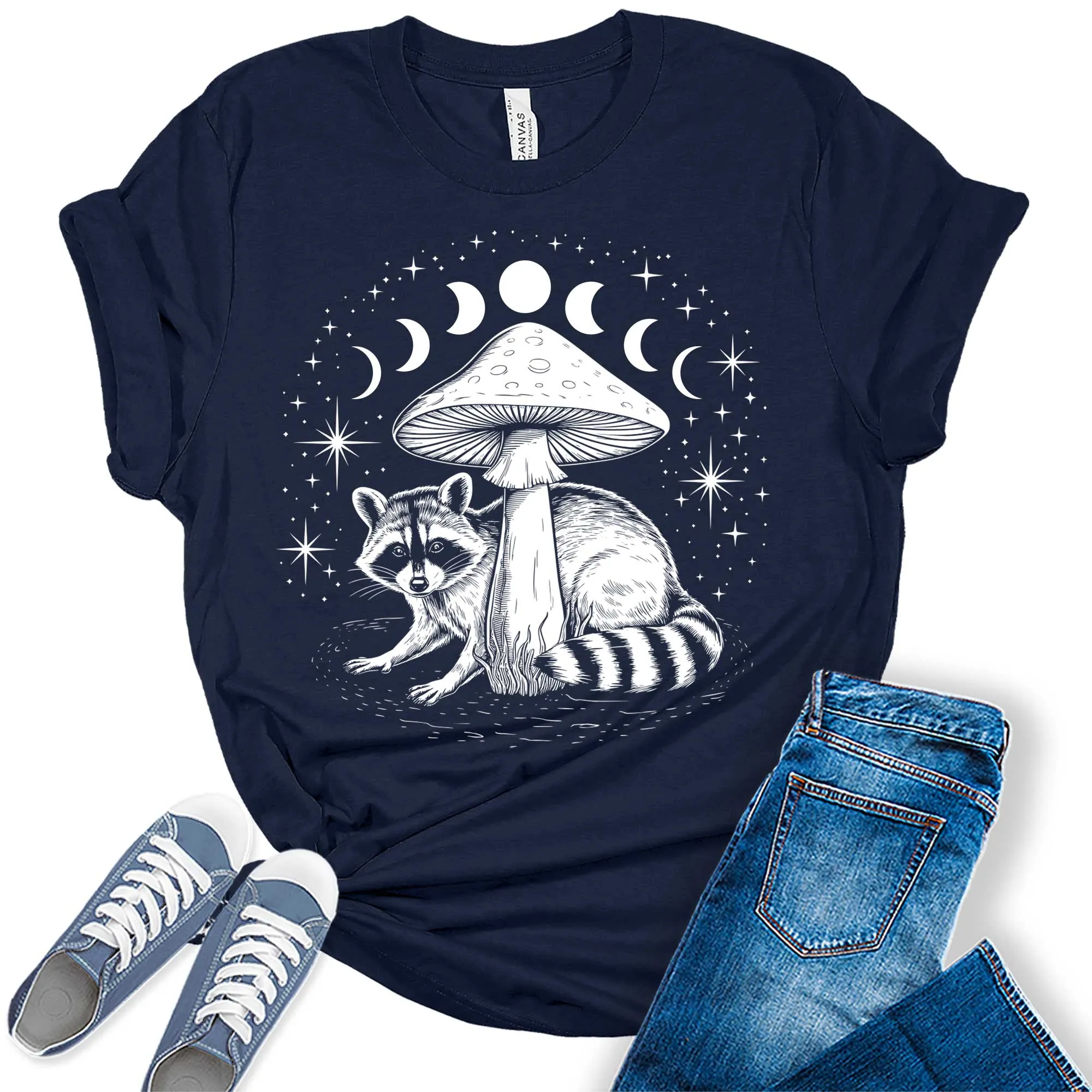 Women's Fall Raccoon Mushroom Moon Phases Trendy Graphic Tees