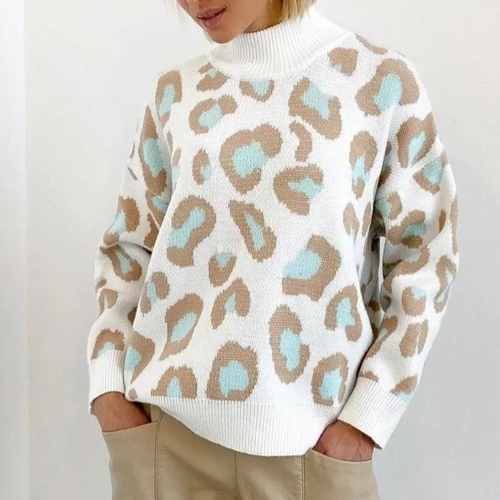 Women's Leopard Print Sweater Winter Warm Turtleneck Oversized Pullover Jumper