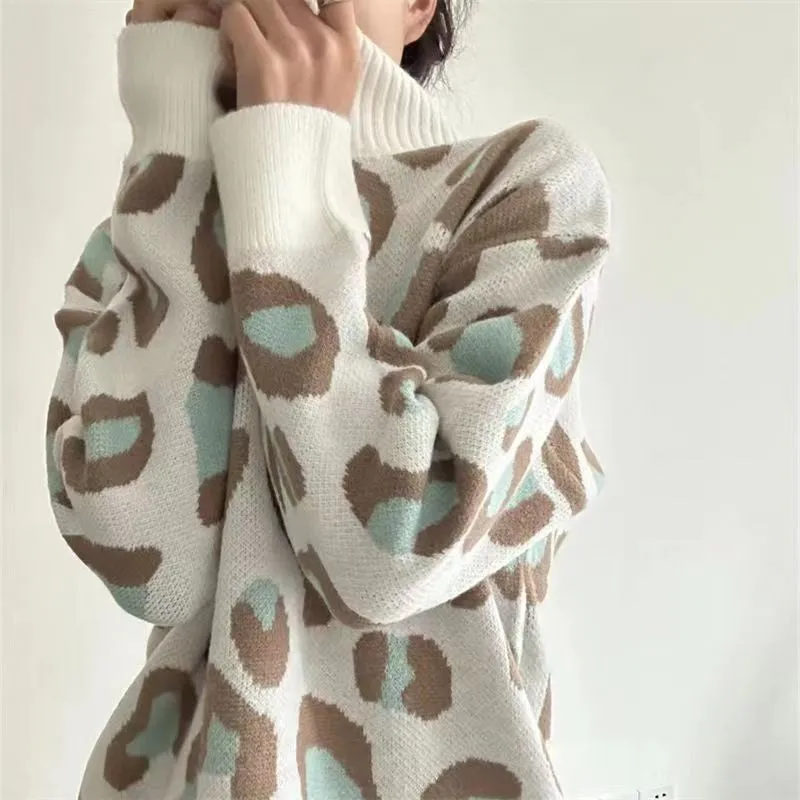 Women's Leopard Print Sweater Winter Warm Turtleneck Oversized Pullover Jumper