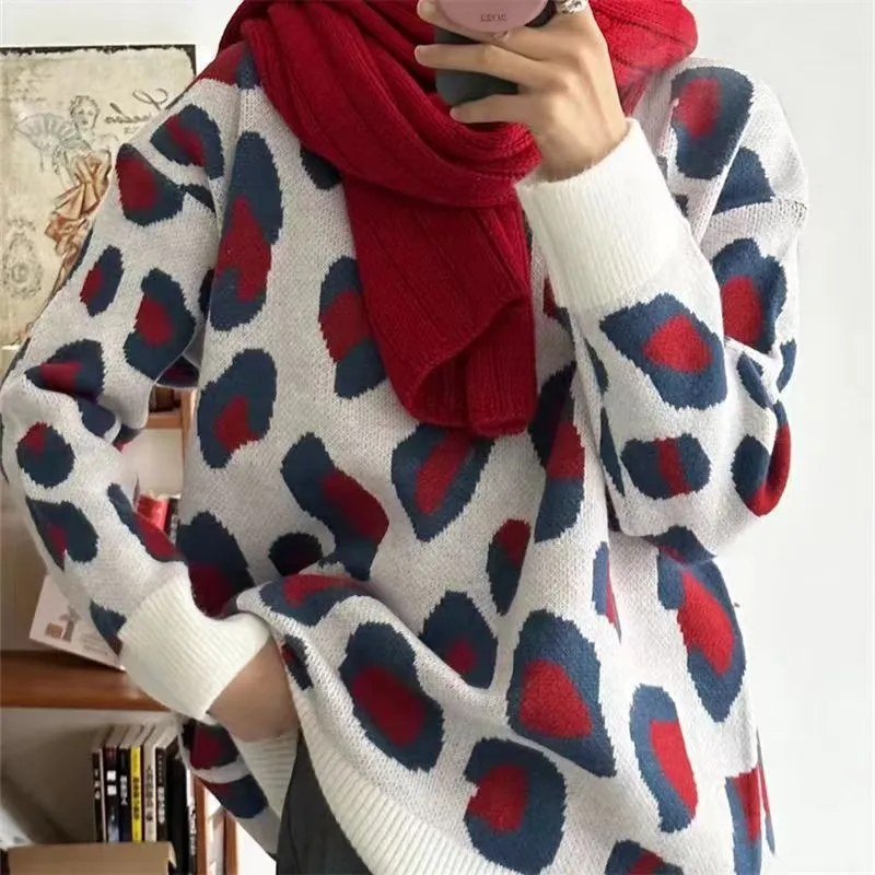 Women's Leopard Print Sweater Winter Warm Turtleneck Oversized Pullover Jumper