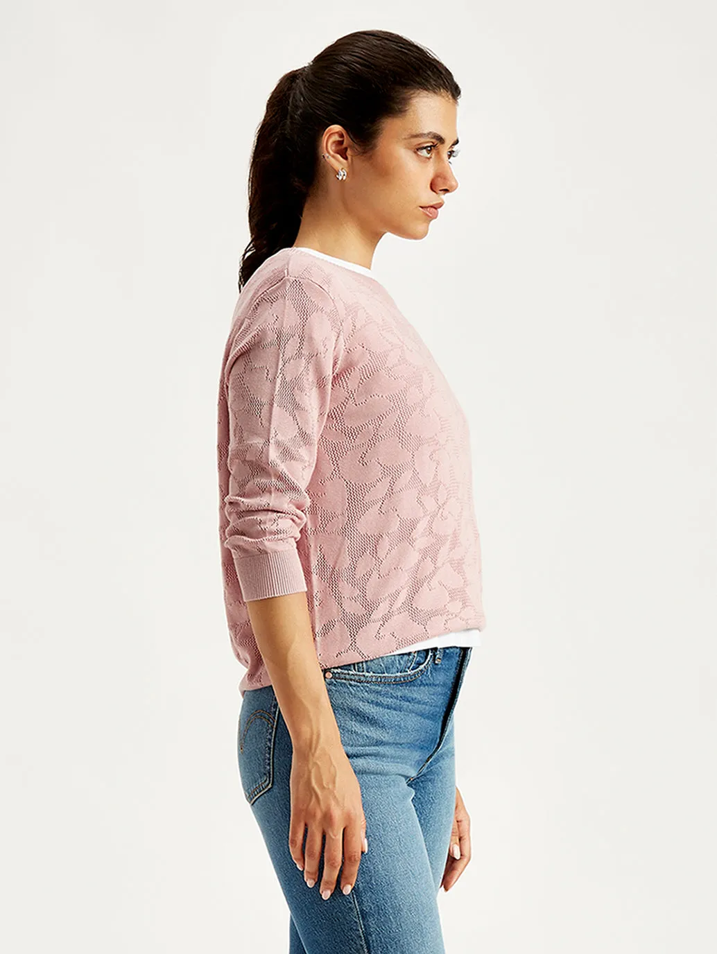 Women's Self Design Light-Pink Crew Neck Sweater