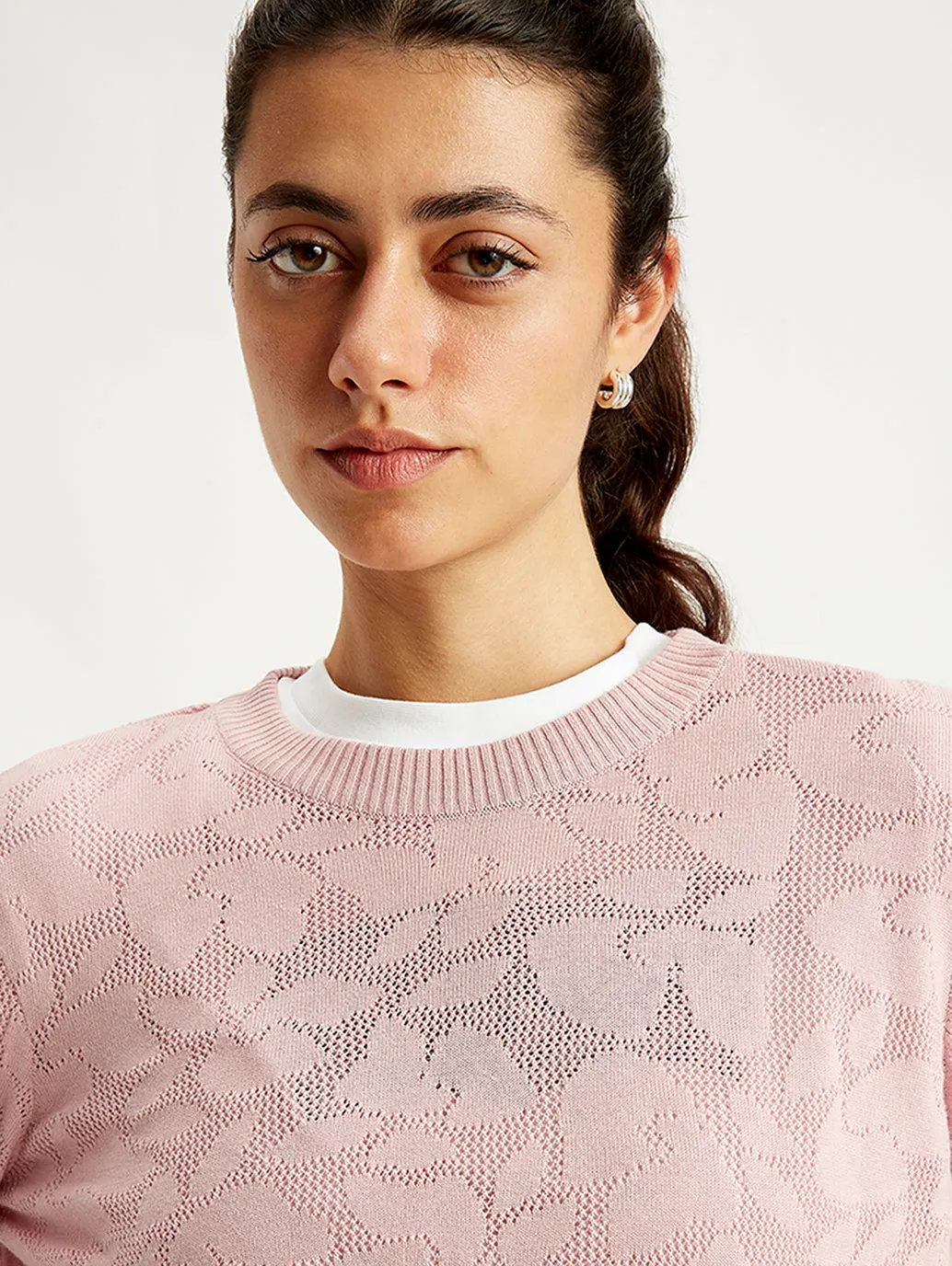 Women's Self Design Light-Pink Crew Neck Sweater