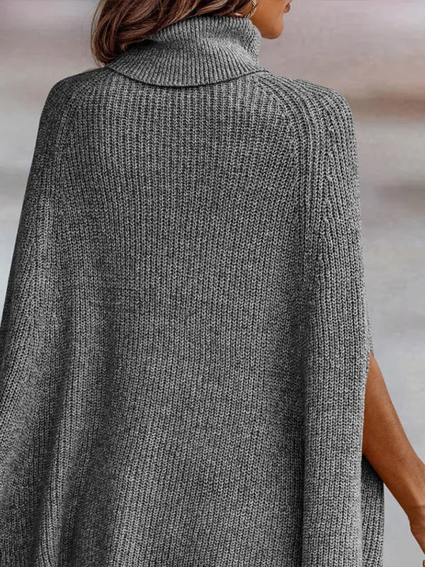 Women's Solid Color Ribbed Turtleneck Sweater Cape