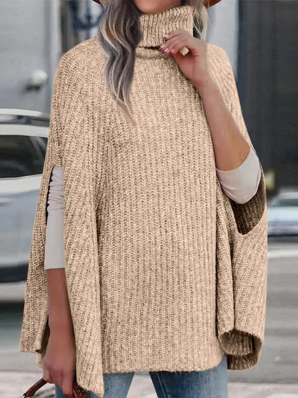 Women's Solid Color Ribbed Turtleneck Sweater Cape