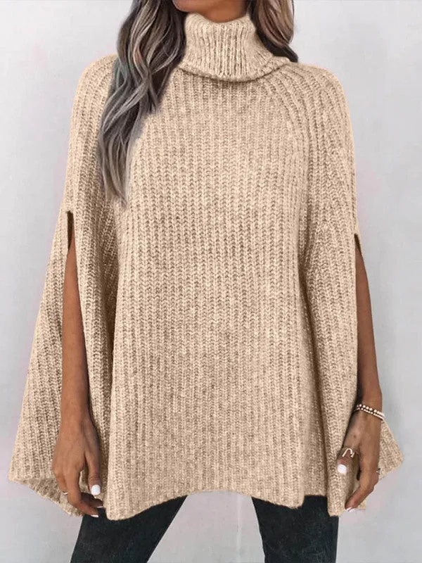 Women's Solid Color Ribbed Turtleneck Sweater Cape