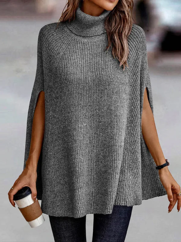 Women's Solid Color Ribbed Turtleneck Sweater Cape