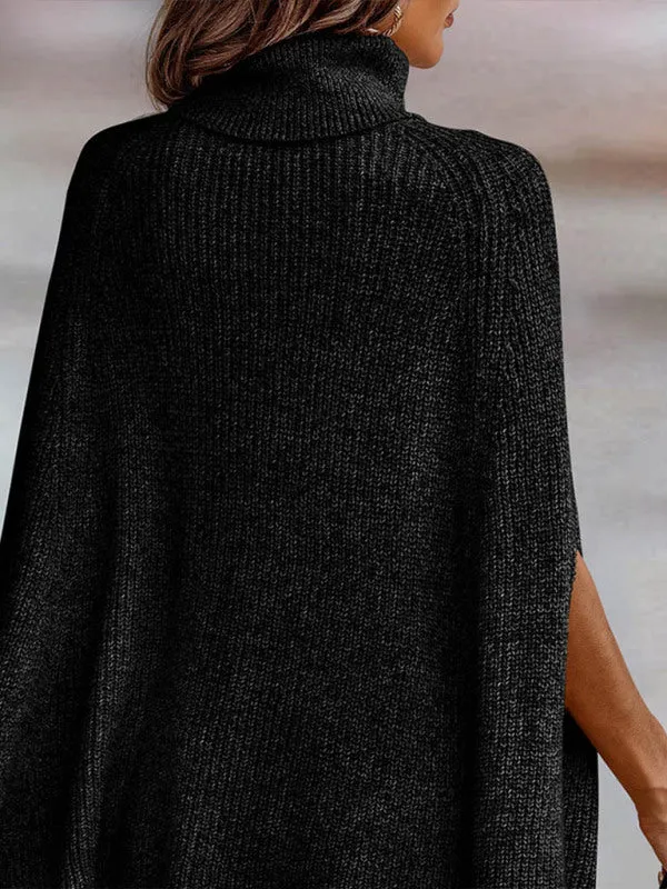 Women's Solid Color Ribbed Turtleneck Sweater Cape