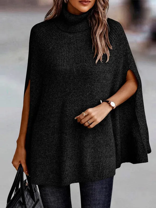 Women's Solid Color Ribbed Turtleneck Sweater Cape