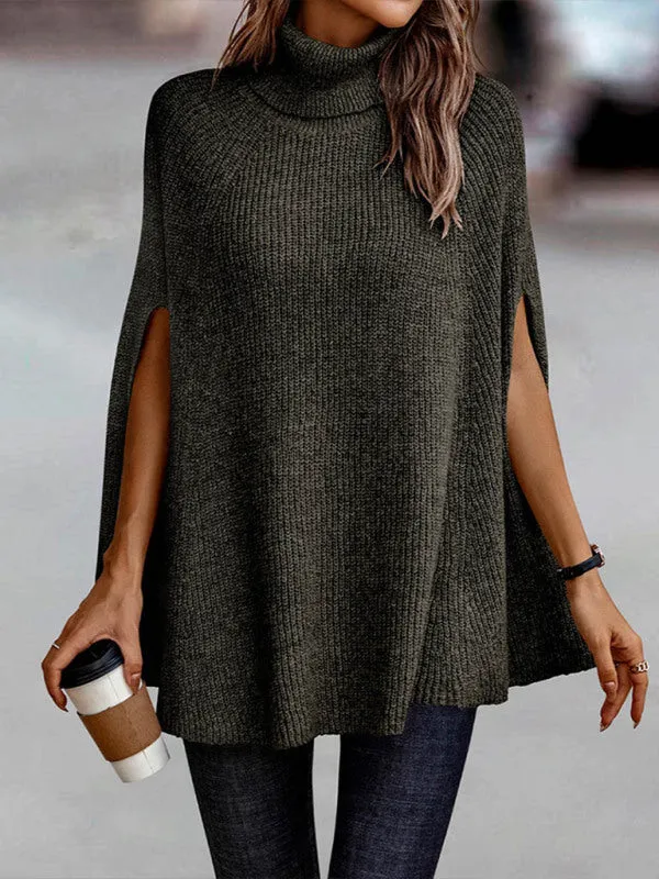 Women's Solid Color Ribbed Turtleneck Sweater Cape