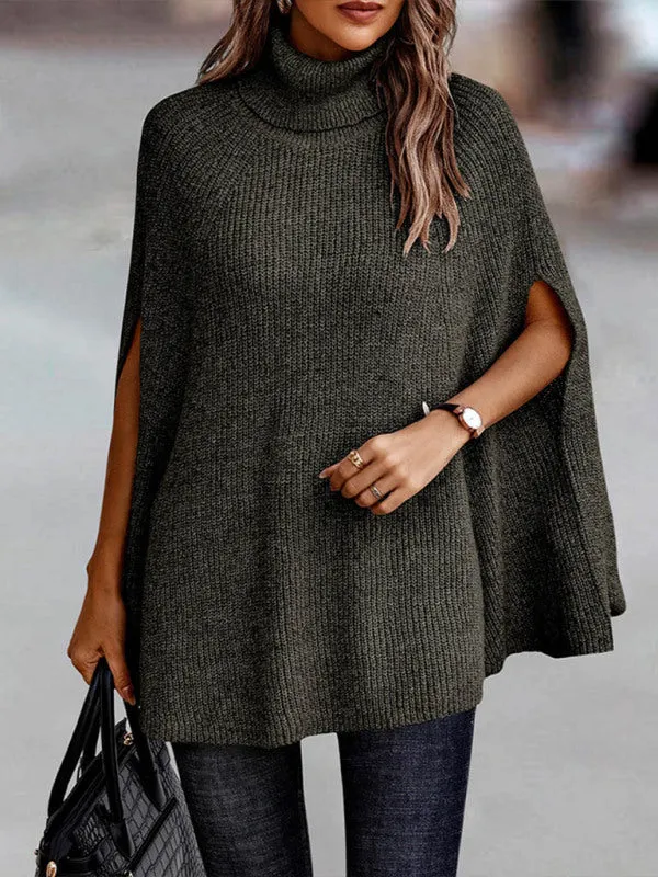 Women's Solid Color Ribbed Turtleneck Sweater Cape