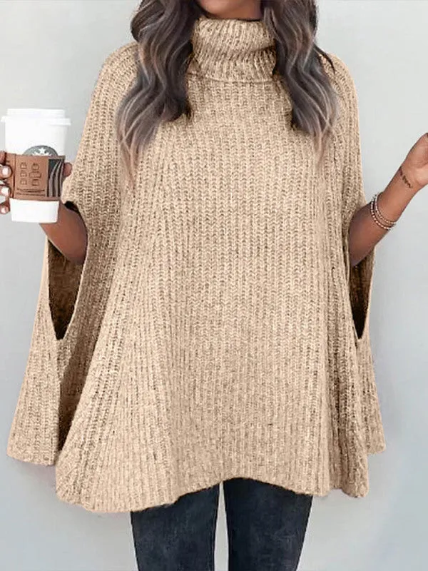 Women's Solid Color Ribbed Turtleneck Sweater Cape