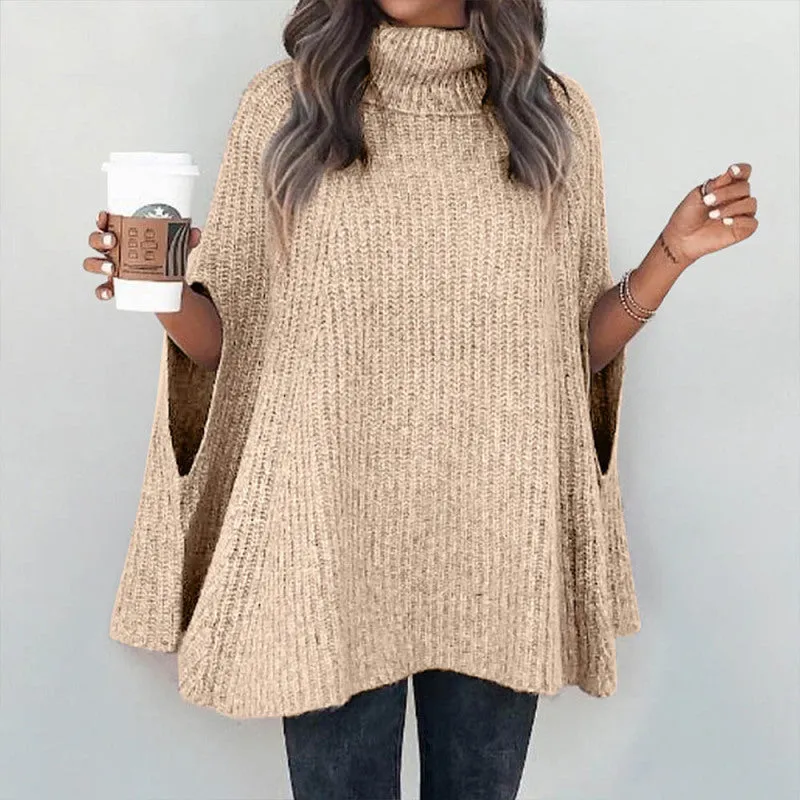 Women's Solid Color Ribbed Turtleneck Sweater Cape