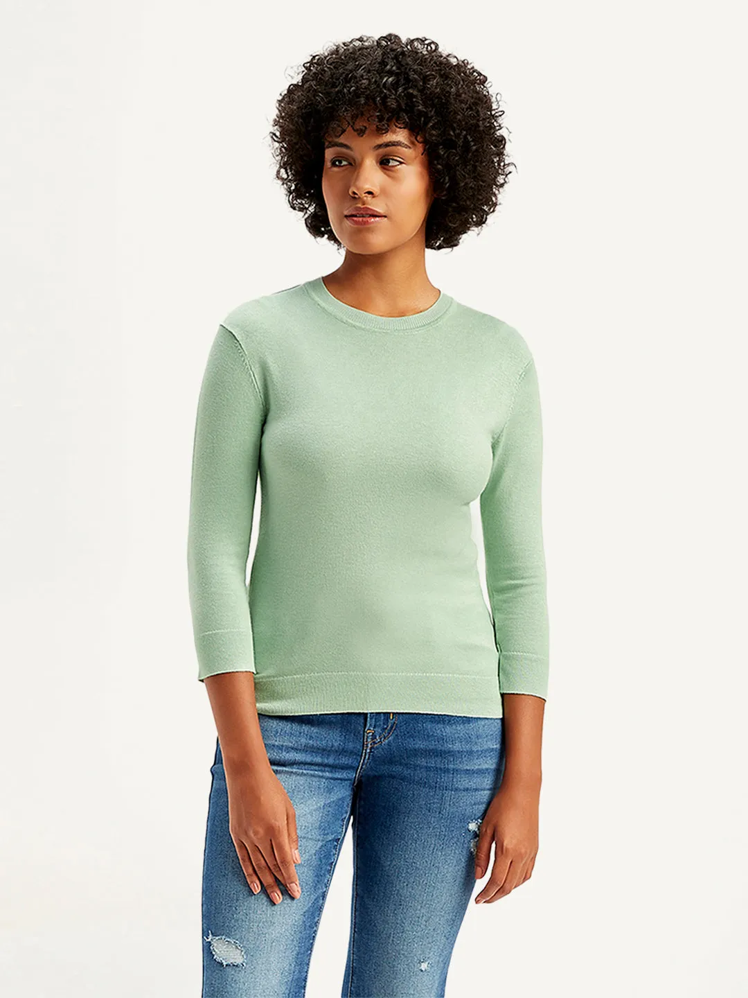 Women's Solid Green Crew Neck Sweater