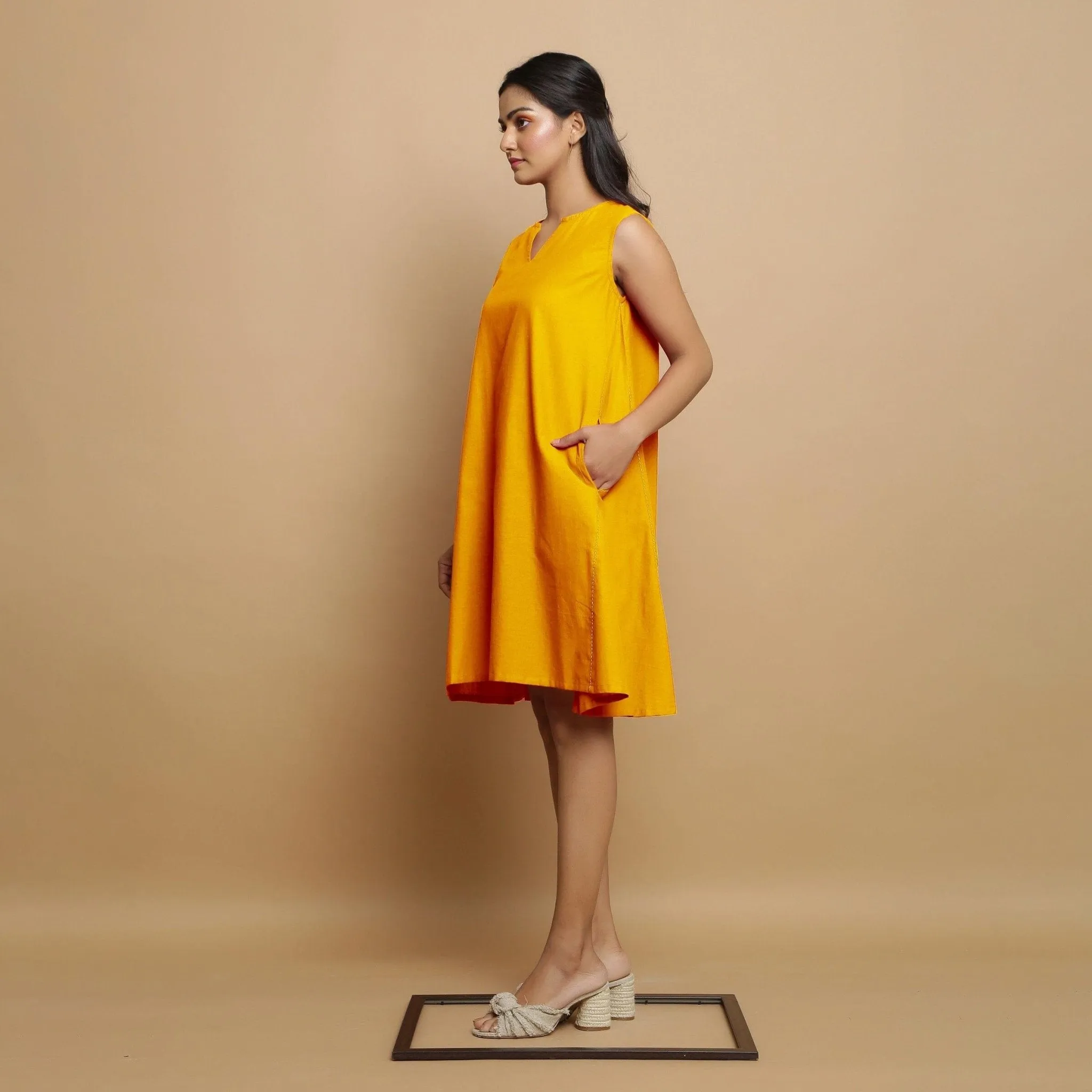 Yellow Cotton Poplin Hand Embroidered Knee-Length Godet Dress